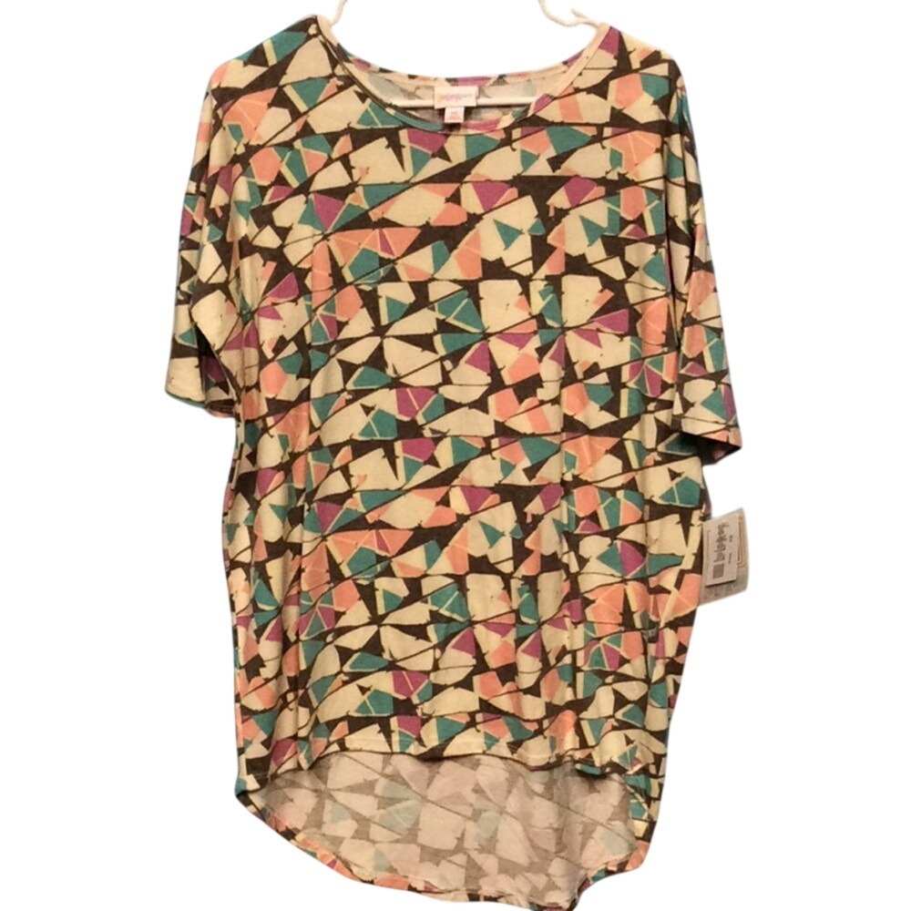 LuLaRoe Irma Tunic Top XS New Geometricβ Mosaic Print High Low Short Sleeve Teal